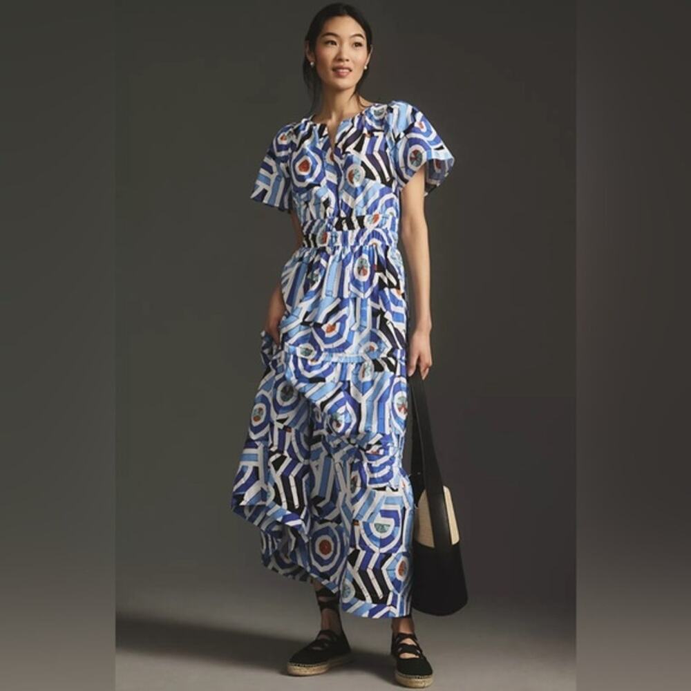 Anthropologie Somerset tiered geometric maxi dress blue white orange size Medium